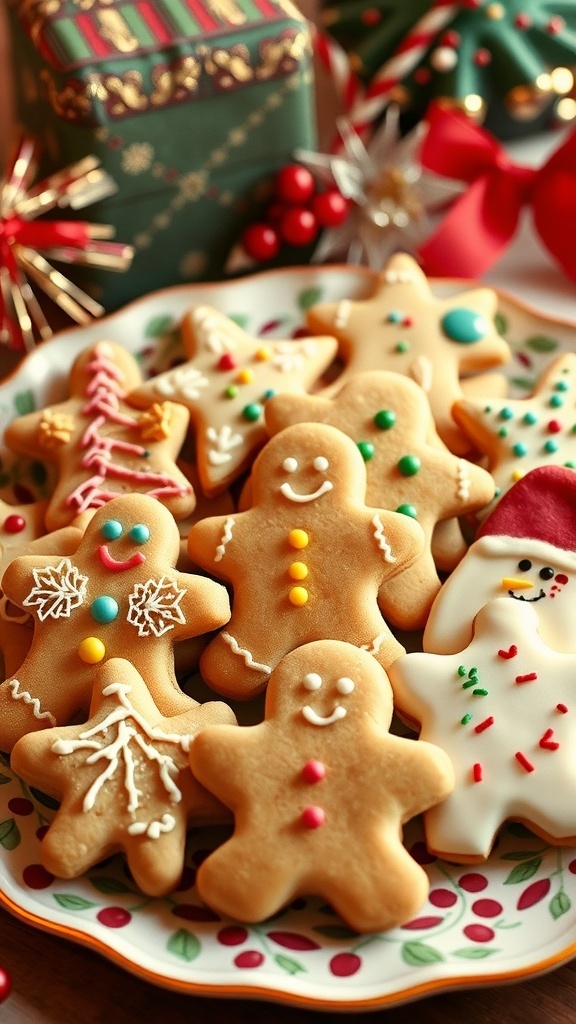 Classic 1950s Christmas Cookies Recipe An assortment of traditional Christmas cookies including spritz, gingerbread, and sugar cookies on a decorative plate.